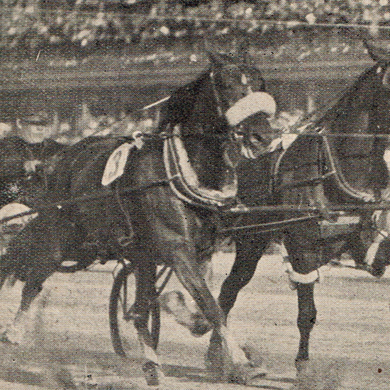 Udover en række storløbssejre deltog Sofus Sørensen også i andre opgør. Her vinder han et af de sjældne tospandsløb med Calumet Darius og Raphia. Her fotograferet i 1934.